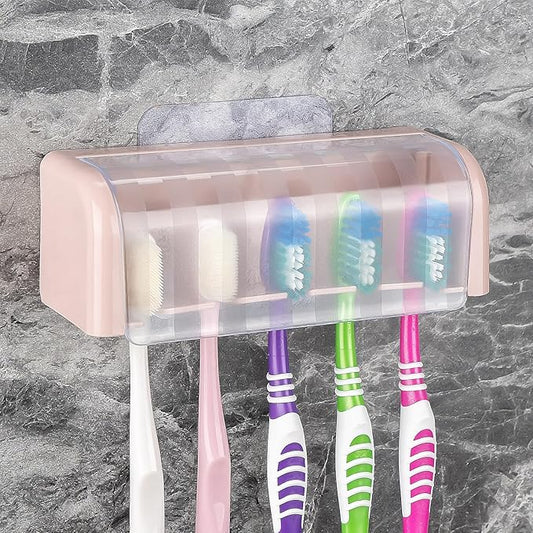 5 Slots Wall Mount Toothbrush Holder with Cover, Self Adhesive Toothbrush Storage Organizer for Shower, Toothbrush Hanger for Bathroom, Medicine Cabinet, Dorm (Pink)