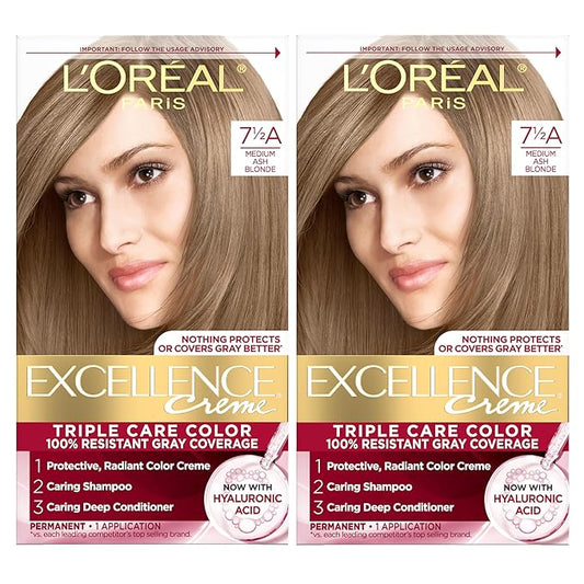 L'Oreal Paris Excellence Crème Permanent Hair Dye, Triple Care Hair Color with Pro-Keratine Complex for 100% Gray Hair Coverage, 7.5A Medium Ash Blonde, 1 Kit (Pack of 2)