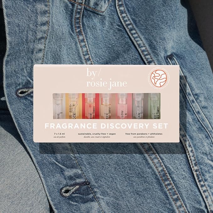 By Rosie Jane Discovery Mini Perfume Set - 7 Piece Travel Size Gift Set - Includes Scents Missy, Dulce, Leila Lou, James, Lake and Dylan - Clean Perfume for Women (7 Count)