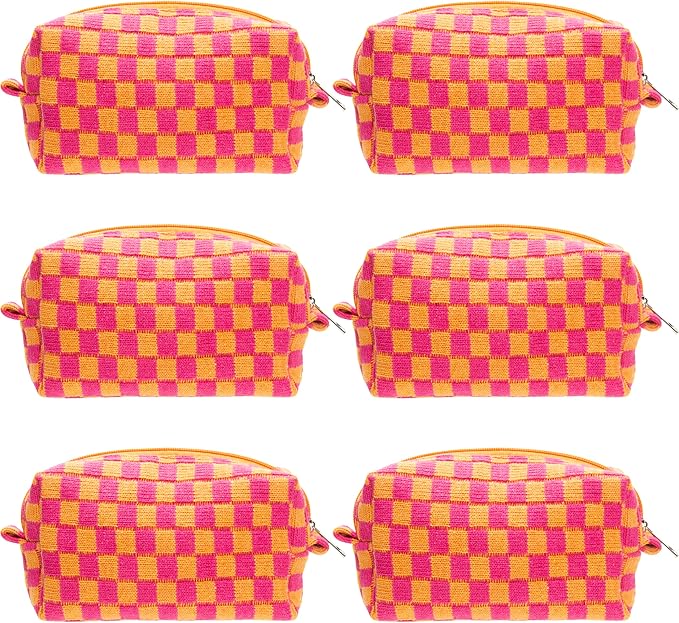 PAZIMIIK 6PCS Checkered Makeup Bag for Purse Portable Zipper Make Up Pouch Small Cosmetic Case for Travel Red Orange