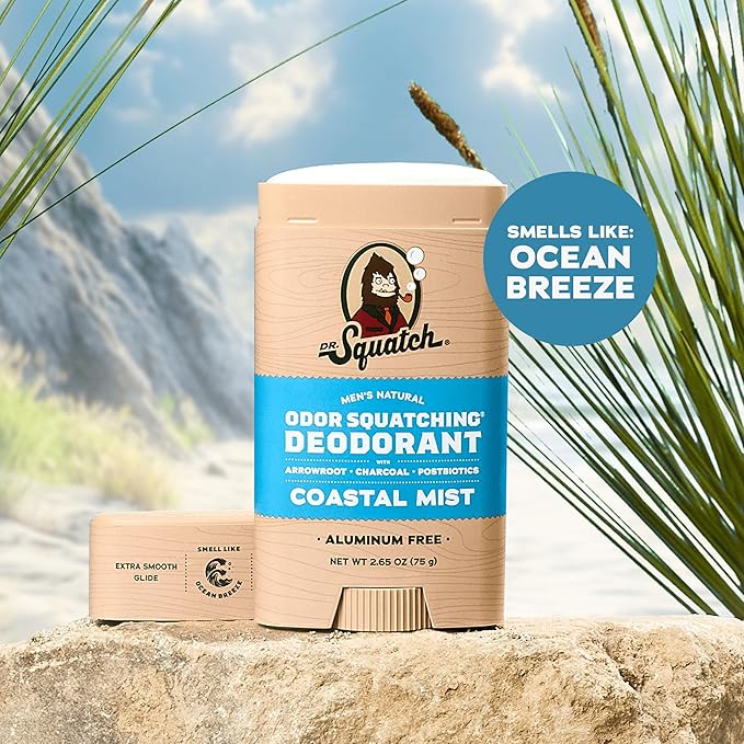 Dr. Squatch Natural Deodorant for Men - Odor-Squatching Aluminum Free - Coastal Mist (2.65 oz, 3-Pack)