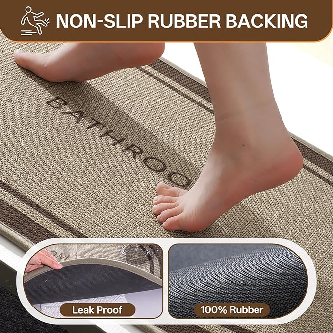 Non-Slip Bath Mat with Upgraded Rubber-Backing, Washable Thin Bath Mats for Bathroom Floor, Absorbent Woven Bathroom Rugs, Quick Dry, Fits Under Door, 24x36, Border Brown
