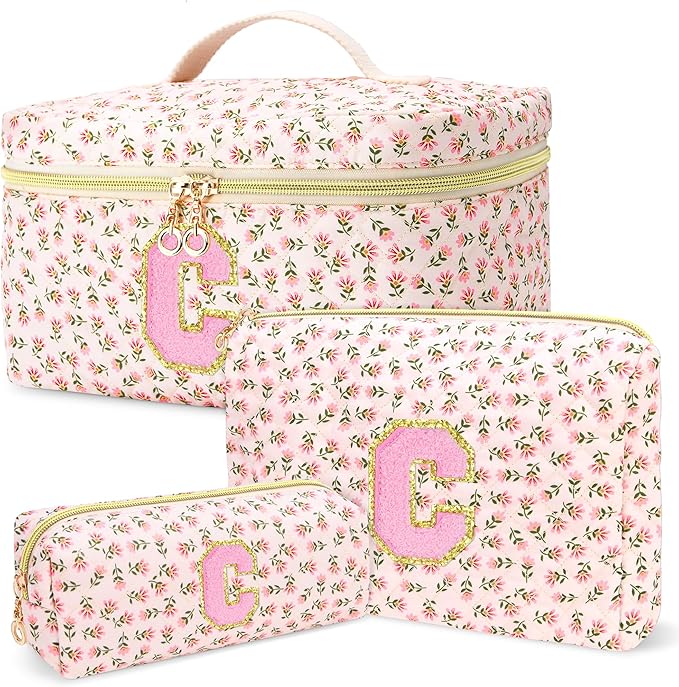 3 PCS Travel Makeup Bag Set,A-Z Initials Cotton Make up Bag Floral Quilted Cosmetic Bag for Girls and Women,Personalized Christmas Gifts,Cute Toiletry Travel Accessories Brushes Bags-C