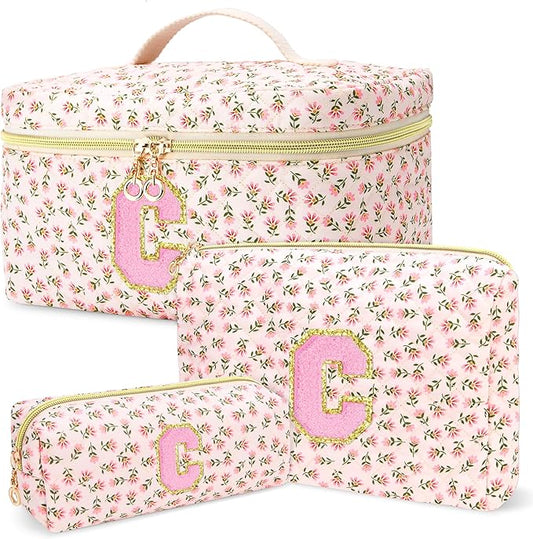 3 PCS Travel Makeup Bag Set,A-Z Initials Cotton Make up Bag Floral Quilted Cosmetic Bag for Girls and Women,Personalized Christmas Gifts,Cute Toiletry Travel Accessories Brushes Bags-C