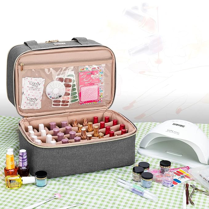 BAFASO Nail Polish Organizer Holds 40 Bottles (15ml - 0.5 fl.oz) and a Nail Lamp, Nail Polish Carrying Case with Manicure Tools Storage Sections (Bag Only), Gray