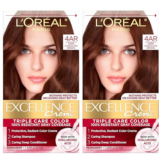 L'Oreal Paris Excellence Crème Permanent Hair Dye, Triple Care Hair Color with Pro-Keratine Complex for 100% Gray Hair Coverage, 4AR Dark Chocolate Brown, 1 Kit (Pack of 2)
