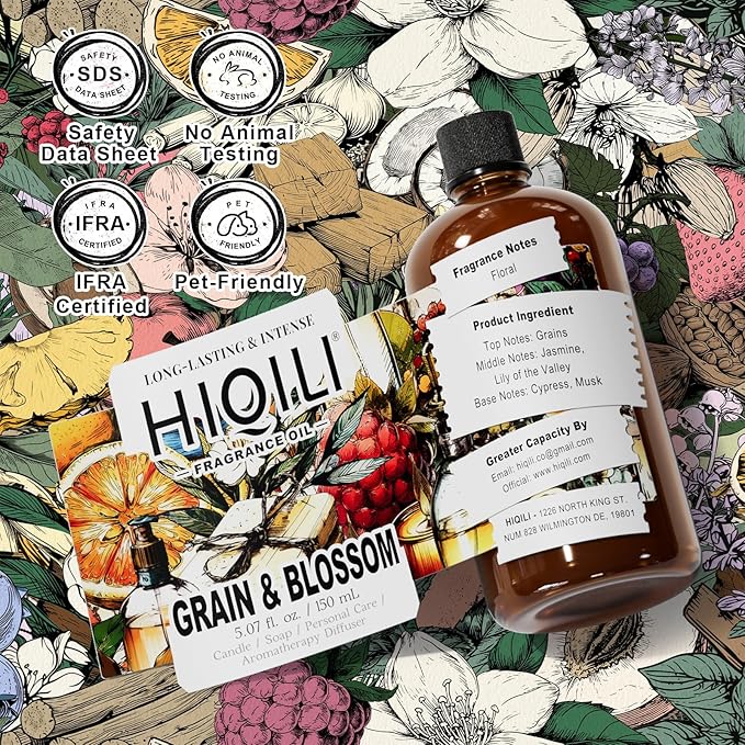 HIQILI Grain & Blossom Fragrance Oil for Diffuser, Candle, Solid Perfume Making, Fresh Floral Scents, Body & Skin Care - 5.07 Fl Oz