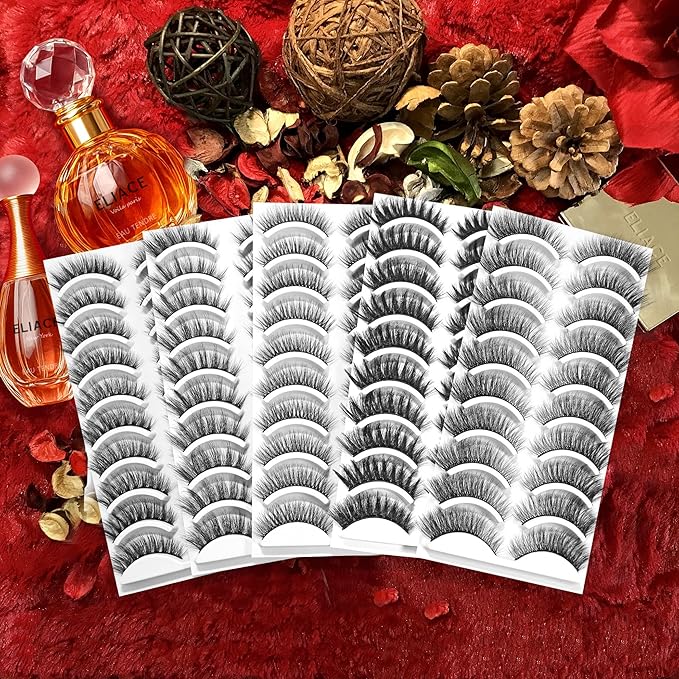 Eliace Eyelashes, (50 Pairs,5 Styles) Luxurious Faux Mink Lashes Natural Look Wispy Fluffy Handmade Cat Eye False Lash Pack, False Eyelashes Set, Fake Lashes Strips, Makeup Fake Eyelashes Pack
