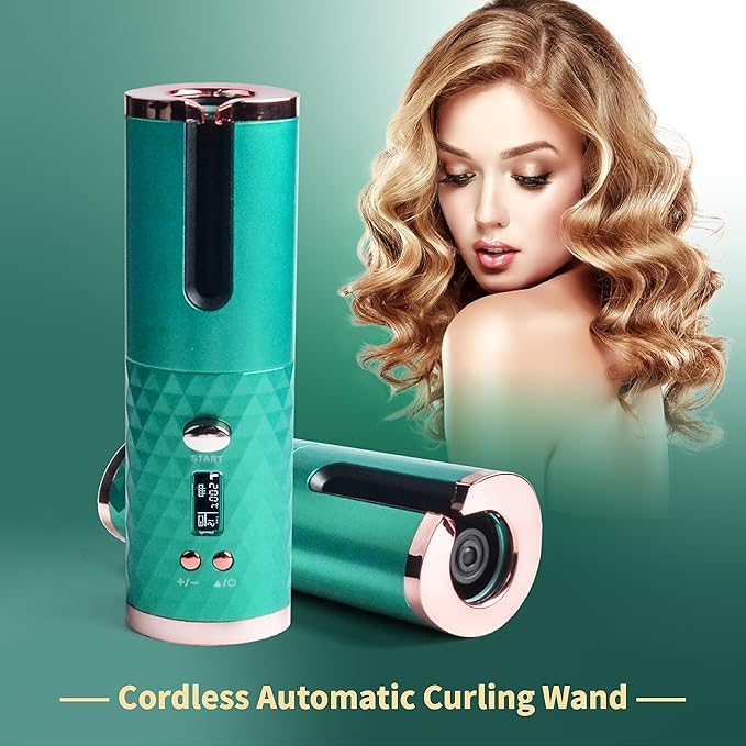 Automatic Curling Iron, Hair Curling Iron for Hair Styling, Cordless Auto Hair Curler, with 6 Temps and Timers, Auto Shut-Off, Fast Heating, Rechargeable Cordless Hair Curler 1 (Green) (Green)