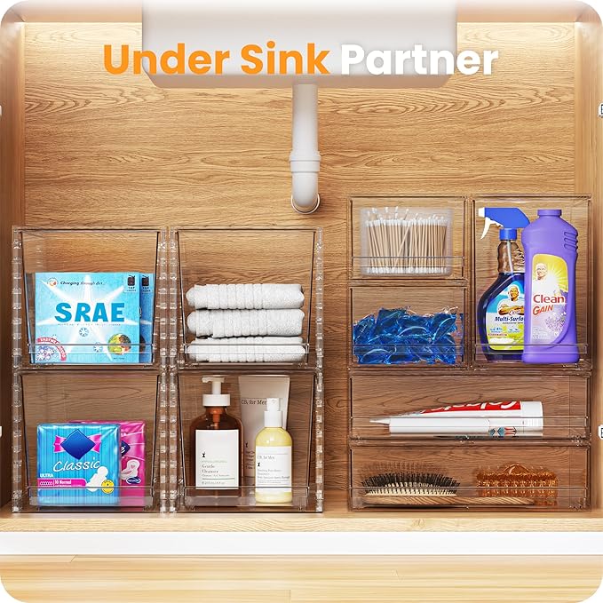 A-LuGei 【𝟮𝗣𝗖𝗦】 Acrylic Stackable Storage Drawers, 7.5" L Makeup Organizer, Bathroom Organizer and Storage, Plastic Storage Bins for Kitchen Cabinet Pantry Medicine Fridge
