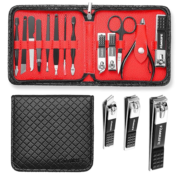 FAMILIFE Nail Kit, Professional Manicure Set Manicure Kit Nail Clipper Set, 13 in 1 Stainless Steel Pedicure Sets Clipper Tool, Men Grooming Tool with Portable Black Leather Travel Case for Him