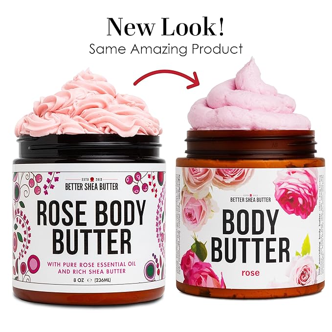 Rose Body Butter for Dry Skin with Whipped Shea Butter and Pure Essential Oil | Ultra Hydrating Rose Lotion for Women | All Natural Moisturizer for Dry Skin