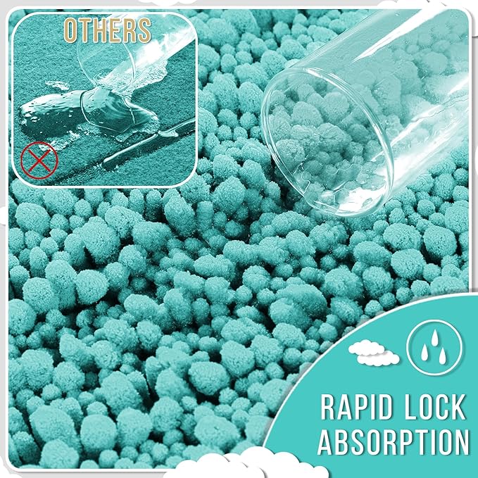 Yimobra Bathroom Rugs Non Slip Washable - Ultra Soft Absorbent Chenille Bath Mat, Quick Dry Shaggy Floor Carpet for Tub Shower, Lake Blue Home Decor Accessories, 24x17 Inch