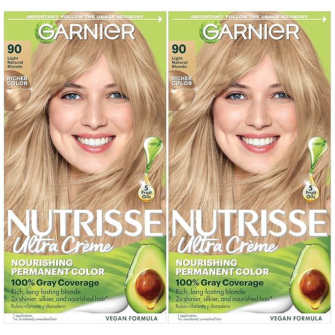 Garnier Hair Color Nutrisse Nourishing Creme, 90 Light Natural Blonde (Macadamia) Permanent Hair Dye, 2 Count (Packaging May Vary)