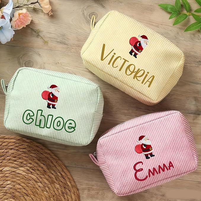 Personalized Seersucker Makeup Bag with Name,Custom Embroidered Cosmetic Bag for Women Girls,Travel Toiletry Bag,Bridesmaid Gifts,Organizer Storage Pouch,Gifts for Christmas,Birthday,Wedding