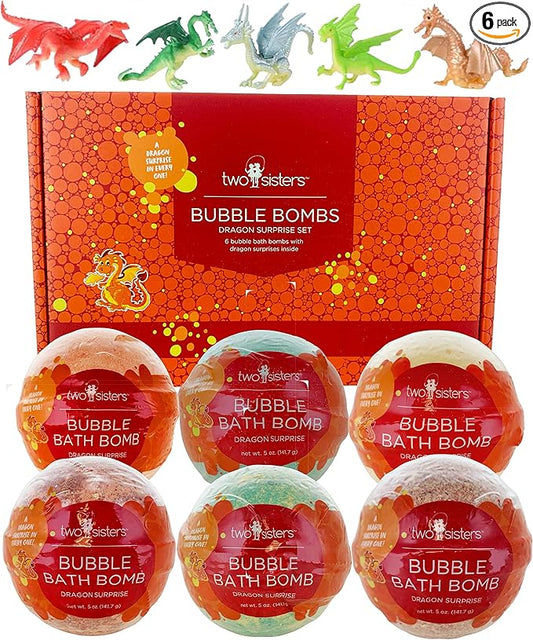 Dragon Bath Bombs for Kids with Surprise Toys Inside (6 Pack) - Large Bubble Bomb, Gentle and Safe, USA Made, Birthday Gift for Boys and Girls by Two Sisters