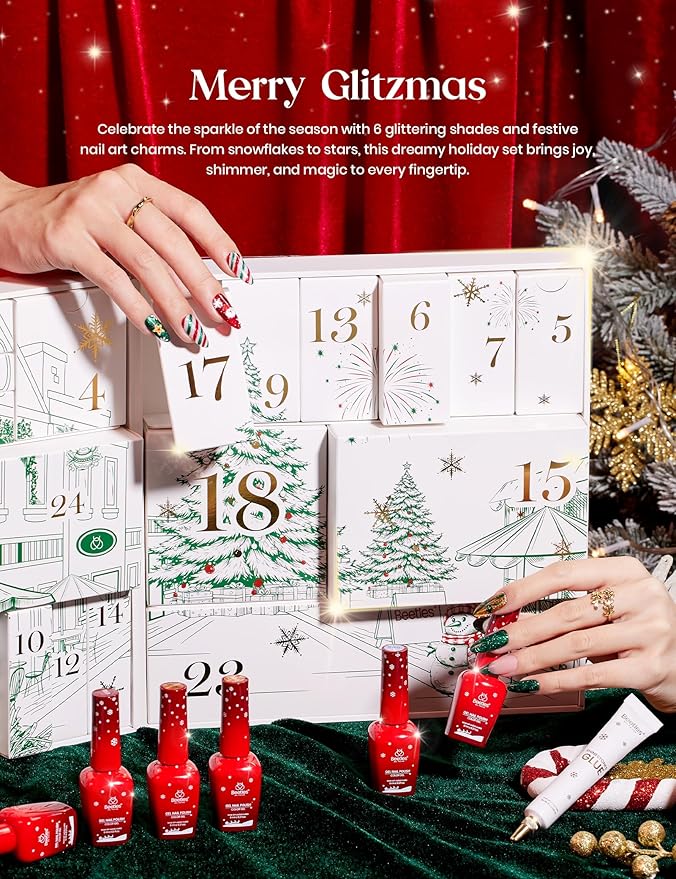 beetles Gel Polish Merry Glitzmas 2025 Christmas Advent Calendar – 24 Days Christmas Countdown Nail Art Set with Mini LED Nail Lamp Base Top Coat and Festive Holiday Surprises Gifts for Women Girls
