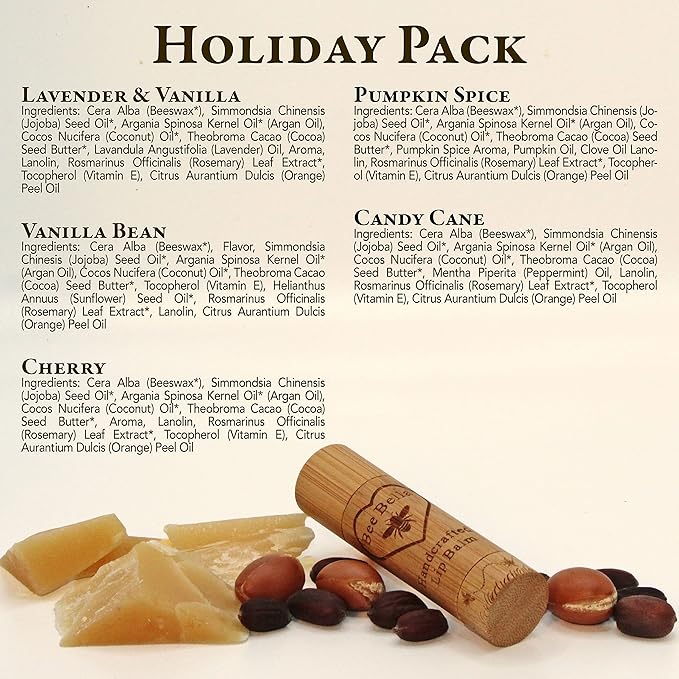 Bee Bella Lip Balm Holiday Gift Box, Cherry, Lavender Vanilla, Vanilla Bean, Pumpkin Spice, Candy Cane, 5 Pack, Gift, Organic Beeswax with Vitamin E, Handmade in USA