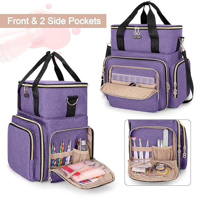 BAFASO Double Layer Nail Polish Organizer Holds 70 Bottles (15ml - 0.5 fl.oz) and a Nail Dryer, Nail Polish Case with 2 Removable Pouches and Tools Storage Sections (Patented), Purple