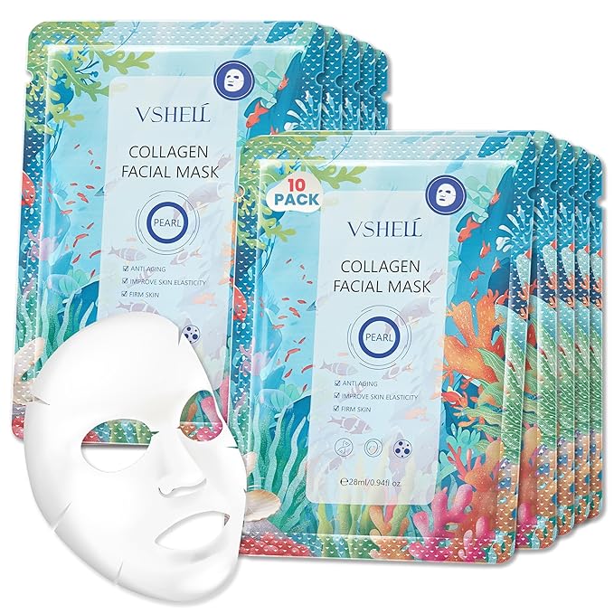 Collagen Anti-Aging Face Sheet Mask, Set of 10 – Firming & Hydrating Skincare with Hyaluronic Acid – Moisturising Repair Treatment for Sensitive Skin – Holiday-Ready Glow for Women & Men