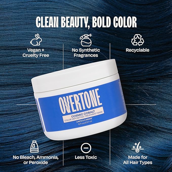 Overtone Semi Permanent Hair Color Conditioner, Extreme Blue is Cosmic Cobalt, 8 oz, Nourishing, Damage-Free, Color Depositing Mask for All Hair Types with Shea Butter & Coconut Oil, Vegan