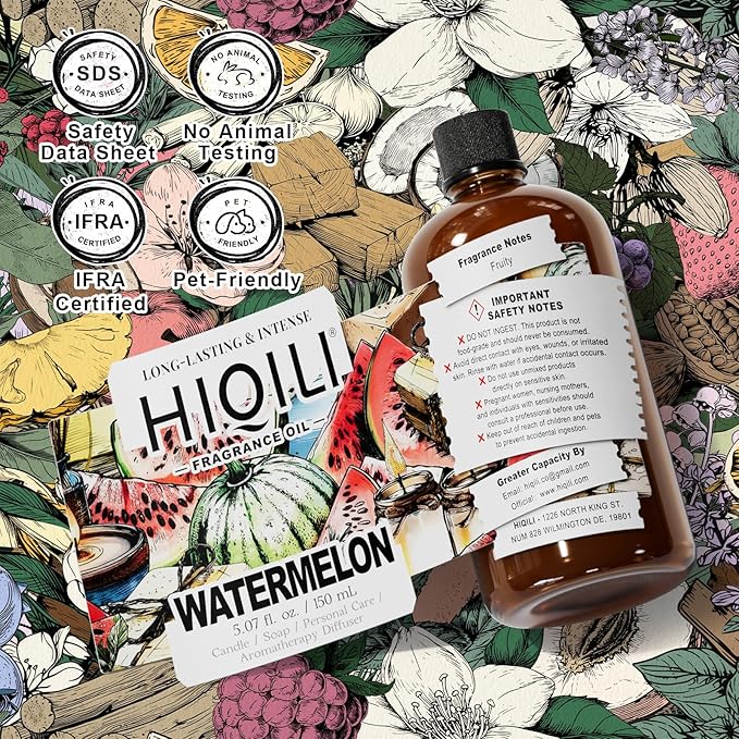 HIQILI Watermelon Fragrance Oil for Candle & Soap Making, DIY Fruity Perfume, Bath Bombs, Long-Lasting Diffuser Oil, Skin Care - 5.07 Fl Oz