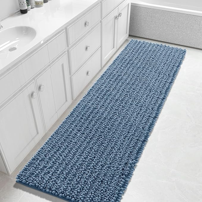 Yimobra Bathroom Runner Rug 70x24 Inch - Extra Long Non Slip Chenille Bath Mat, Soft & Absorbent, Machine Washable Shaggy Hallway Carpet for Vanity Tub Shower, Denim Blue Home Decor Accessories