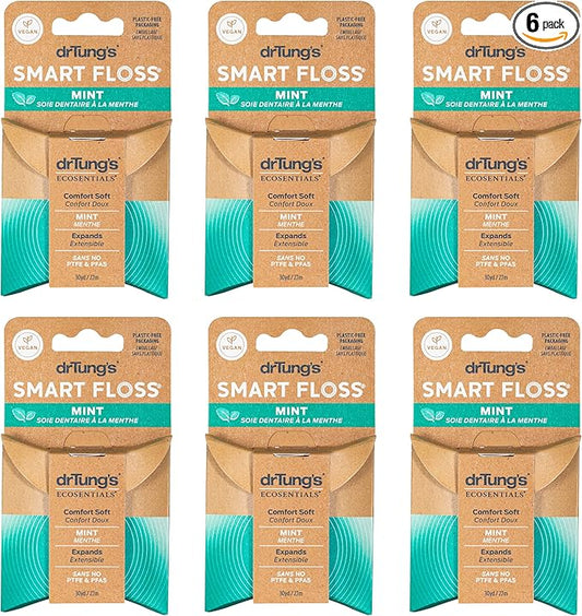 drTung's Smart Floss Mint for Teeth - Natural Expanding Dental Floss, Gentle on Tooth & Gums, Expands & Glides, PTFE & PFAS Free, Certified Organic Mint Essential Oils - Pack of 6