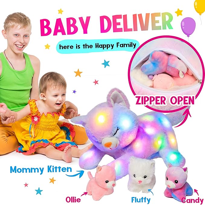 Hopearl LED Plush Cat Lighting Up Stuffed Mommy Cat with 3 Baby Kittens in her Tummy Stuffed Animal Playset Night Lights Glow in The Dark for Mom Kids Toddler Girls, Rainbow, 18''
