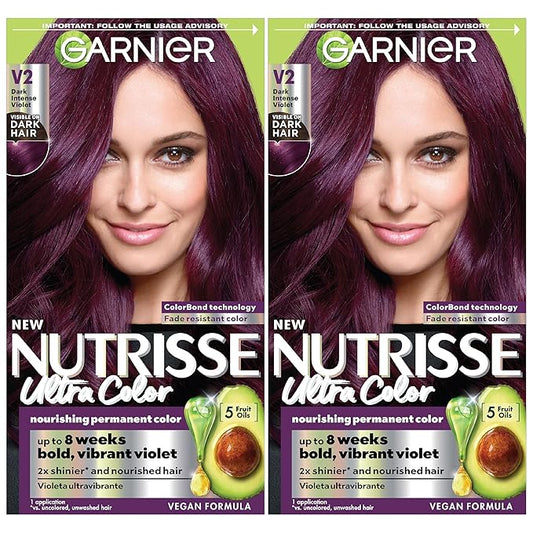 Garnier Hair Color Nutrisse Ultra Color Nourishing Creme, V2 Dark Intense Violet (Spiced Plum) Purple Permanent Hair Dye, 2 Count (Packaging May Vary)