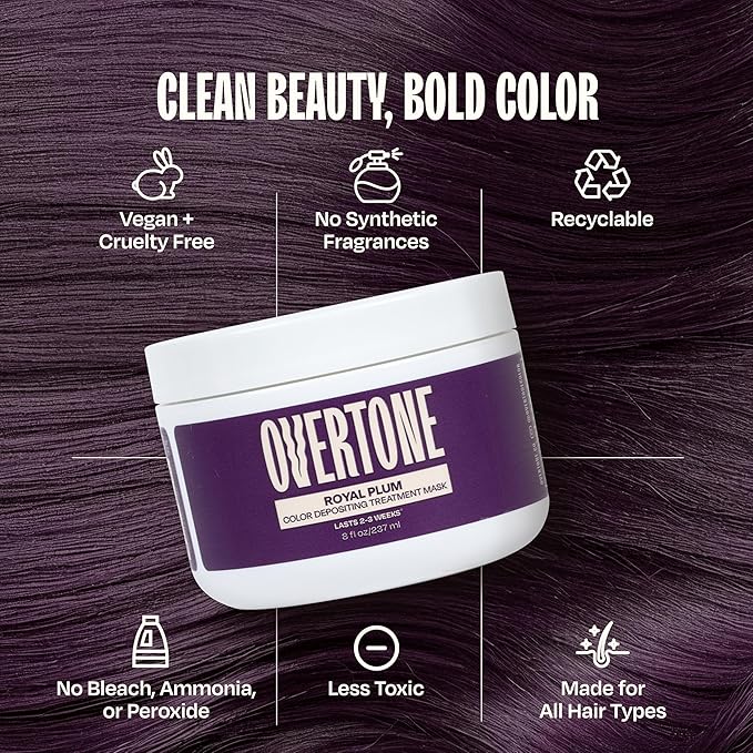 Overtone Semi Permanent Hair Color Conditioner, Royal Plum, 8 oz, Nourishing, Damage-Free, Color Depositing Mask for All Hair Types with Shea Butter & Coconut Oil, Vegan & Cruelty-Free