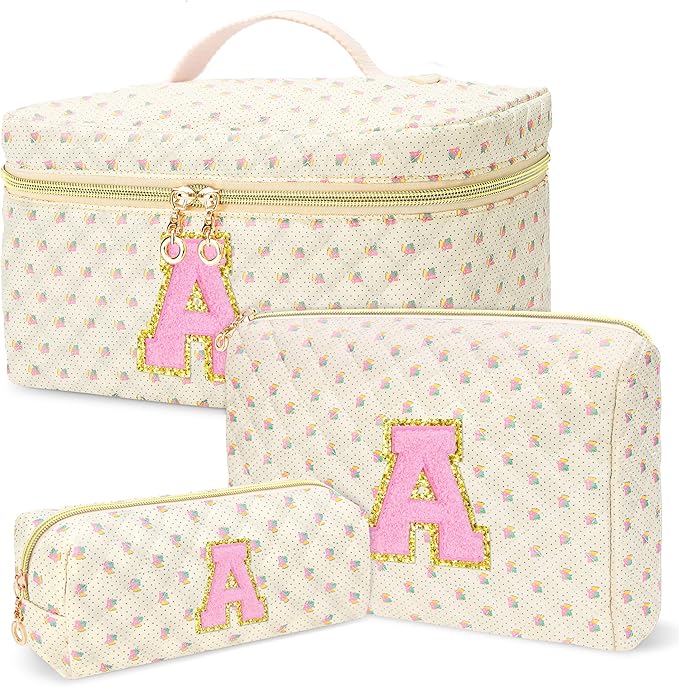 3 PCS Travel Makeup Bag Set,A-Z Initials Cotton Make up Bag Floral Quilted Cosmetic Bag for Girls and Women,Personalized Christmas Gifts,Cute Toiletry Travel Accessories Brushes Bags-A