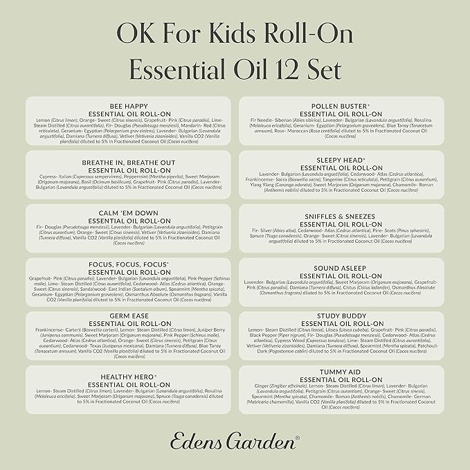 Edens Garden OK For Kids Essential Oils Roll-On 12 Set – 100% Pure Therapeutic Grade, Pre-Diluted Aromatherapy Blends for Calming & Gentle Skin Care – Natural & Family Friendly, Roll-On 10 ml/ 12 Pack