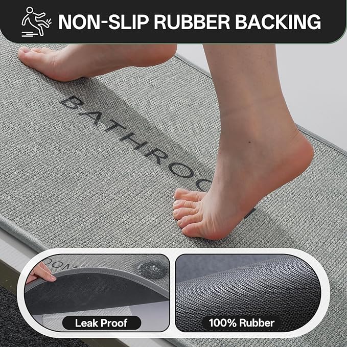 Non-Slip Bath Mat with Upgraded Rubber-Backing, Washable Thin Bath Mats for Bathroom Floor, Absorbent Woven Bathroom Rugs, Quick Dry, Fits Under Door, 16x24, Grey