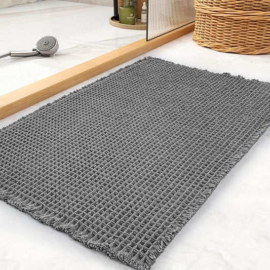 tchdio Waffle Bath Mat Rug, Super Absorbent Non Slip Bath Mats for Bathroom Mat Ultra Soft Bathmat Machine Washable Bathroom Rugs with Tassels, Bath Rugs Beside Tub, 24" x 36"
