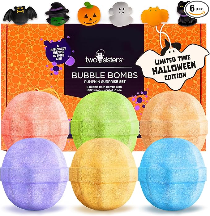 Halloween Bath Bombs for Kids with Surprise Halloween Toys Inside (6 Pack) - Large Pumpkin Bath Bombs for Kids, Boys, Girls & Teens – Spooky Boo Basket Stuffers for Kids - Made in USA by Two Sisters