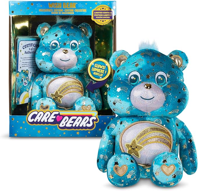 Basic Fun Care Bears 35 cm Luminous Belly Plush - Wish Bear - Soft Environmentally Friendly Toy with Illuminated Belly Badge - Comfortable Collectable Item for Children and Fans