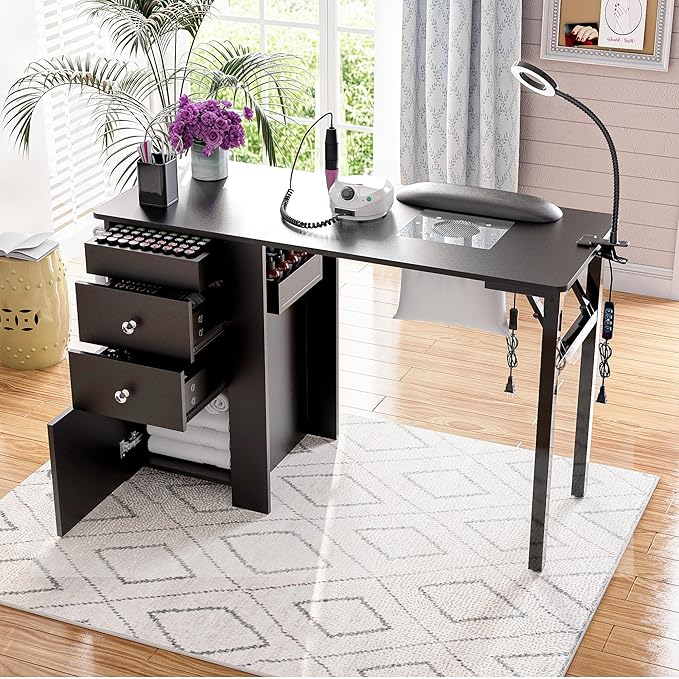Foldable Nail Table with Dust Collector, Manicure Desk for Nail Tech,with LED Lamp, Wrist Rest, Rolling Nail Table for Salon, Home Beauty Workstation, Compact Nail Station with Storage (Black)