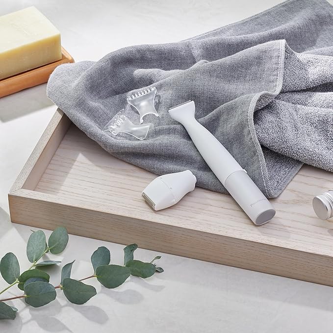 Panasonic Bikini Trimmer and Shaver for Women with 4 Attachments for Fast Easy Gentle Grooming in Intimate Areas, Use Wet/Dry, Electric Razor, Battery-Operated – ES-WV62-H (White/Silver)