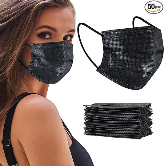 akgk 50Pcs Disposable Face Masks, 3 Ply Disposable Masks, Black Face Mask