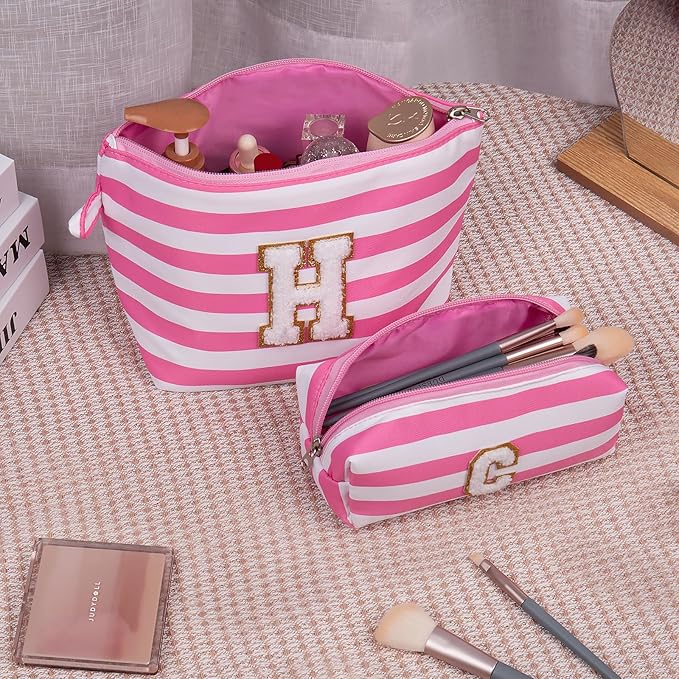 Initial Makeup Bag Personalized Stripe Cosmetic Bag Cute Waterproof Travel Toiletry Bag Birthday Gifts for 10 11 12 13 14 15 16 Years Old Teen Girl Gift Trendy Stuff (Pink J)