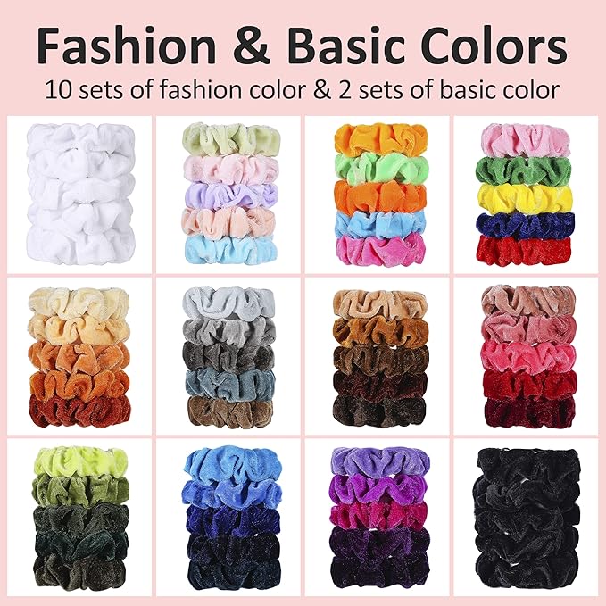 Velvet Hair Scrunchies - 60 Pack for Women, Girls, and Kids - Bulk Scrunchies Hair Ties No Damage Scrunchy Hair Bands Ponytail Holders for Thick, Curly, Thin, Fine Hair