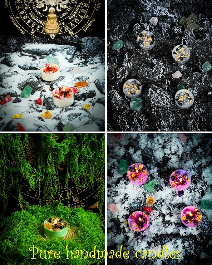 Tealight Soy Candles with Crystals and Herbs, Handmade Energy Candles, Aromatherapy Candles. (Mixed)