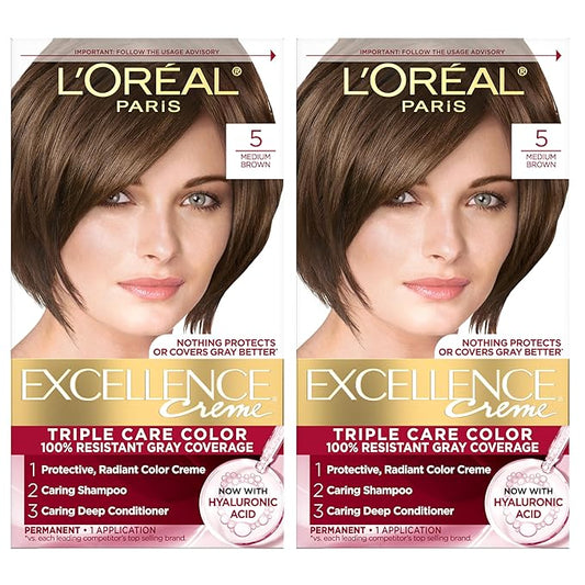 L'Oreal Paris Excellence Crème Permanent Hair Dye, Triple Care Hair Color with Pro-Keratine Complex for 100% Gray Hair Coverage, 5 Medium Brown, 1 Kit (Pack of 2)