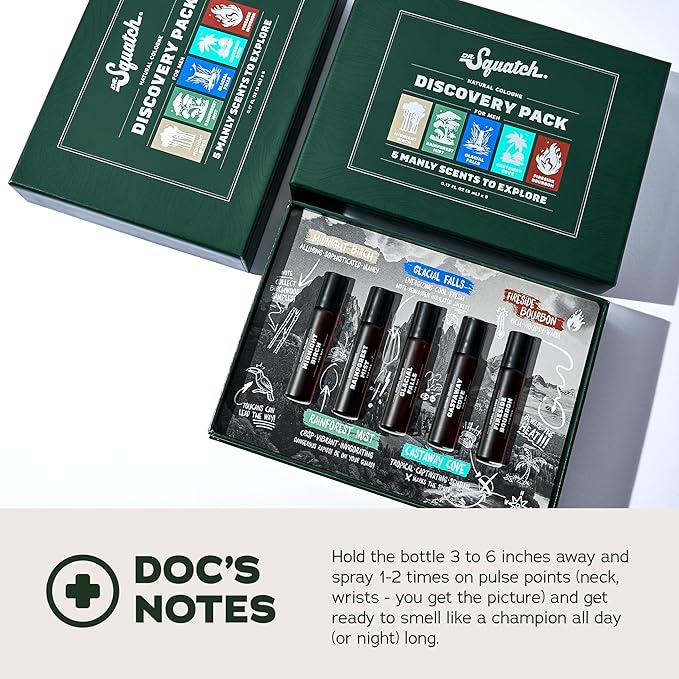 Dr. Squatch Natural Cologne for Men - Mini Cologne Trial Set - Midnight Birch, Rainforest Mist, Glacial Falls, Castaway Cove, Fireside Bourbon (0.17 fl oz, 5-Pack)