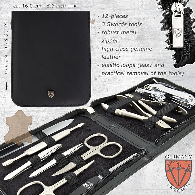 3 Swords Germany - brand quality 12 piece manicure pedicure grooming kit set for professional finger & toe nail care with black genuine leather case - Made in Germany