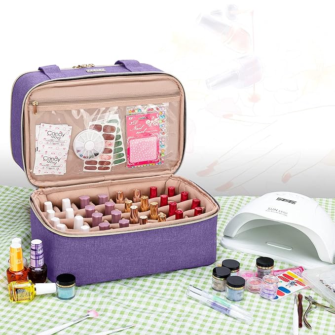 BAFASO Nail Polish Organizer Holds 40 Bottles (15ml - 0.5 fl.oz) and a Nail Lamp, Nail Polish Carrying Case with Manicure Tools Storage Sections (Bag Only), Purple