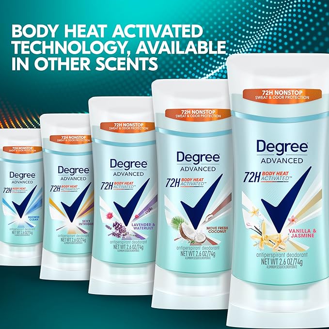 Degree Advanced Protection Antiperspirant Deodorant Vanilla & Jasmine for 72-Hour Sweat & Odor Control for Women, with Body Heat Activated Technology, 2.6 oz