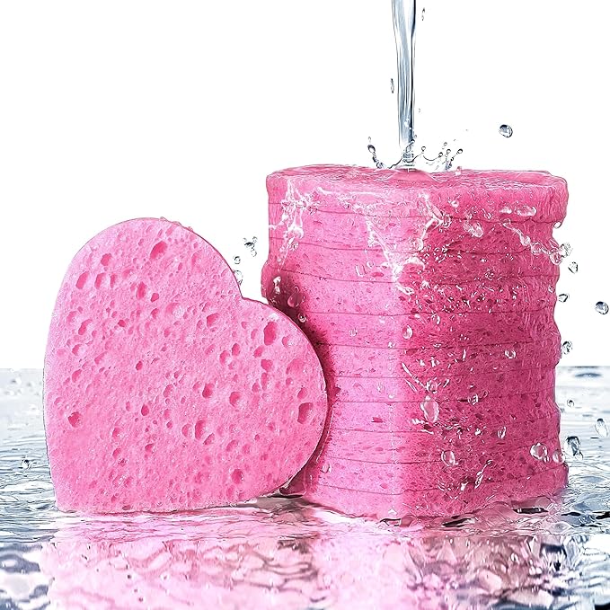 GAINWELL 50-Count Heart Shape Compressed Facial Sponges for Daily Facial Cleansing and Exfoliating, 100％ Natural Cosmetic Spa Sponges for Makeup Remover