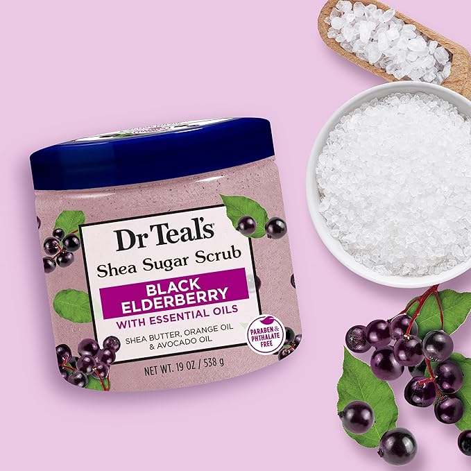 Dr Teal's Shea Sugar Body Scrub, Black Elderberry with Essential Oils, 19 oz (Pack of 3)